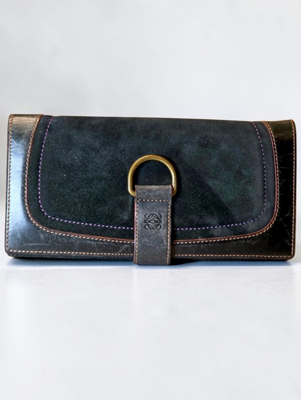 Loewe Leather and Suede Black Clutch Wallet with Brass Ring